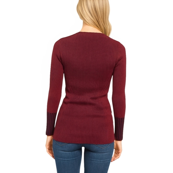 Cache Burgundy Ribbed V-Neck Sweater Women’s Size S – 100% Cotton. - Picture 3 of 7